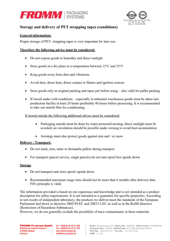 PET Strapping Storage Conditions